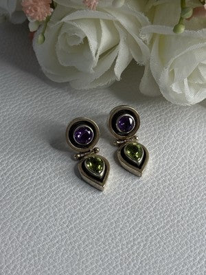 925 Sterling Silver Amethyst & Peridot Earrings Length 1 Inch