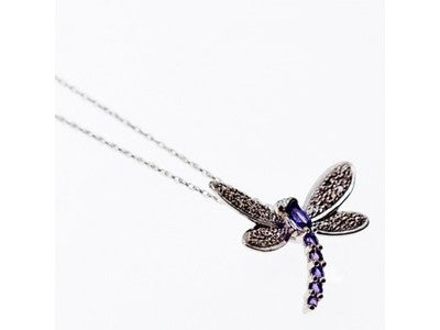 10K White Gold Tourmaline & Diamonds Dragonfly Necklace & Pendant