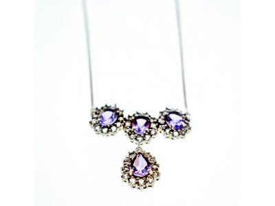 925 Sterling Silver Purple Tourmaline & Colorless Spinel Necklace Italy
