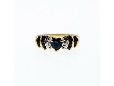 10K Yellow Gold Sapphires & Diamonds "Heart" Ring Size 9.5