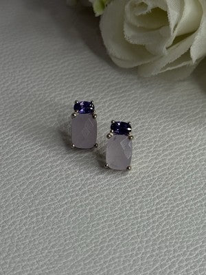 925 Sterling Silver Morganite & Amethyst Earrings Length 0.45 Inch