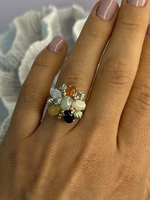 925 Sterling Silver 6 Colors Of Jade Flower Ring Size 8, 9