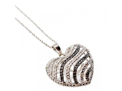 925 Sterling Silver White & Black CZ Heart Chain With Pendant