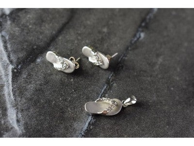 925 Sterling Silver CZ "Flip-Flops" Stud Earrings & Pendant Summer Set