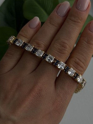 925 Sterling Silver Gold Plated White Colorless & Blue Cz Bracelet 7.5
