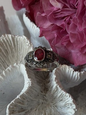 925 Sterling Silver Ruby & Marcasite Ring Size 8