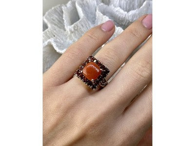 925 Sterling Silver Amber & Garnet Ring Size 8.5