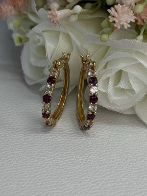 925 Sterling Silver Gold Plated Ruby & Beryl Earrings Length 1.10 Inch