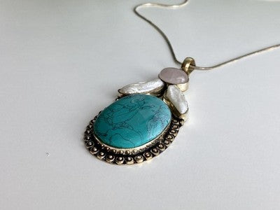 925 Sterling Silver Turquoise, Rose Quartz and Baroque Pearl Chain with Pendant