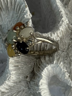 925 Sterling Silver 6 Colors Of Jade Flower Ring Size 8, 9
