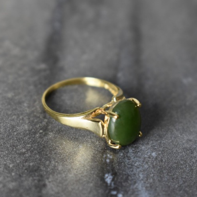 925 Sterling Silver Gold Plated Green Jade Ring Size 6.5