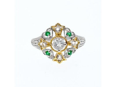 925 Sterling Silver Gold Plated Emerald & Goshenite Ring Size 6.5