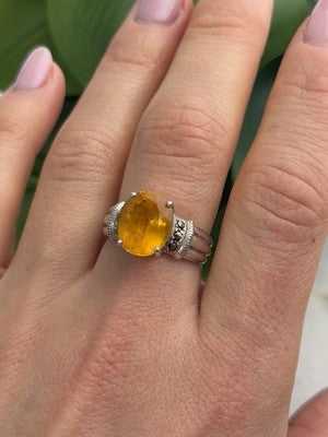 925 Sterling Silver Citrine & Marcasite Ring Size 8