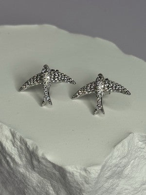 925 Sterling Silver Swallow Stud Earrings CZ Length 0.55 Inch