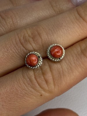 925 Sterling Silver Coral Earrings Length 0.30 Inch