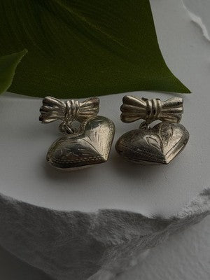 Vintage Heart with Bow Dangle 925 Sterling Silver Earrings