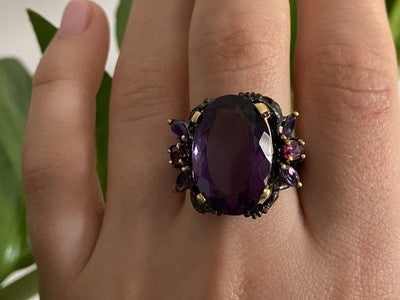 Blackened 925 Sterling Silver With Gilding Amethyst Ring Size 9