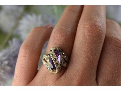 Vintage 925 Sterling Silver Purple Tourmaline & Marcasites Ring Size 6.75