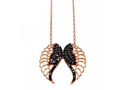 925 Sterling Silver Gold Plated Black CZ "Angel's Wings" Necklace