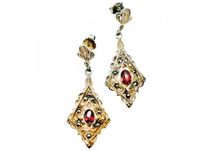 925 Sterling Silver Garnet & Marcasites Earrings