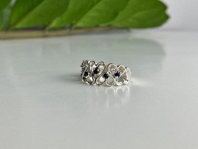 925 Sterling Silver Sapphires "Hearts" Ring Size 9.5