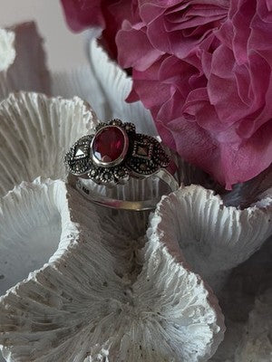 925 Sterling Silver Ruby & Marcasite Ring Size 8