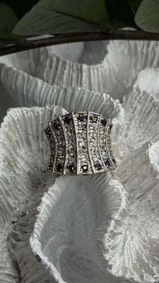 925 Sterling Silver Blue Sapphires & Clear Topaz Stones Ring Size 6
