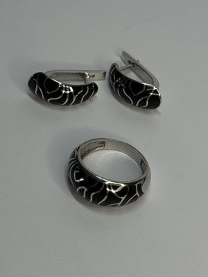 925 Sterling Silver Enamel Ring & Earrings Set Size 9