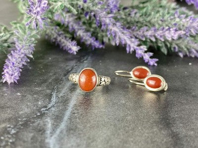 Vintage 925 Sterling Silver Dark Orange Jadeite Set