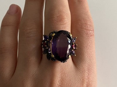 Blackened 925 Sterling Silver With Gilding Amethyst Ring Size 9