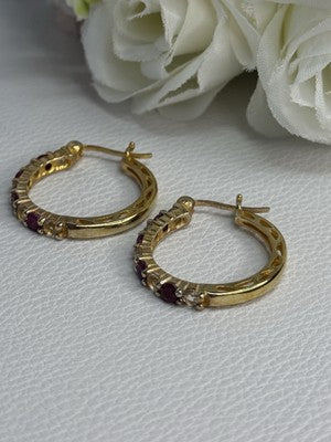 925 Sterling Silver Gold Plated Ruby & Beryl Earrings Length 1.10 Inch