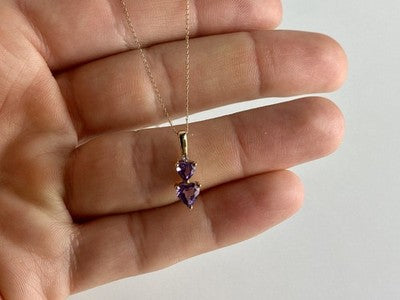 10K Yellow Gold Amethyst & Diamond Hearts Chain With Pendant