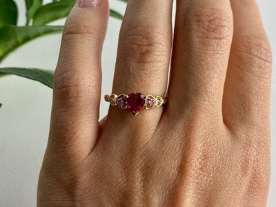 10K Yellow Gold STS Ruby Spinel & Diamond Heart Ring Size 7
