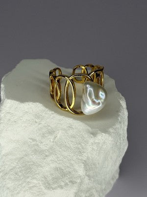 925 Sterling Silver Gold Plated Pearl  Ring Size Adjustable