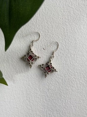 Vintage 925 Sterling Silver Red Coral & Pearls Dangle Earrings