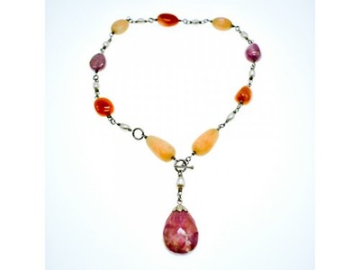 925 Sterling Silver Rose Quartz, Yellow Agate and Orange Carnelian Necklace