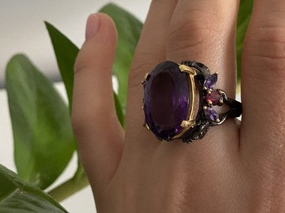 Blackened 925 Sterling Silver With Gilding Amethyst Ring Size 9