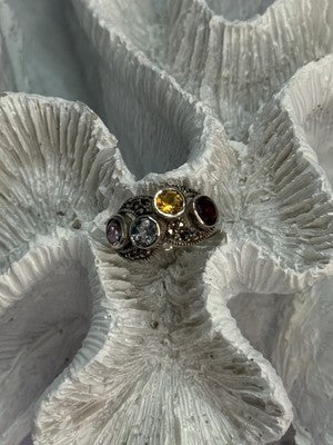 925 Sterling Silver Garnet, Citrine, Topaz, Amethyst & Marcasite Ring Size 5.5