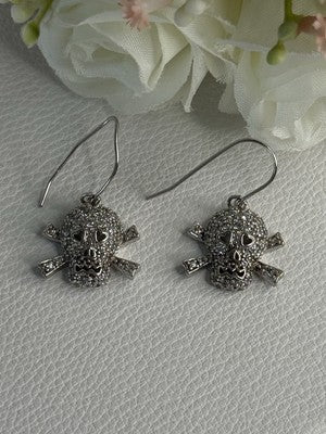 925 Sterling Silver Skull CZ Earrings Length 1.10 Inch