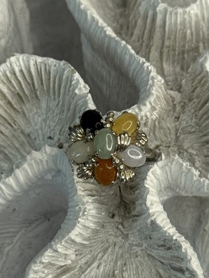 925 Sterling Silver 6 Colors Of Jade Flower Ring Size 8, 9