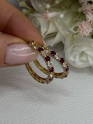 925 Sterling Silver Gold Plated Ruby & Beryl Earrings Length 1.10 Inch