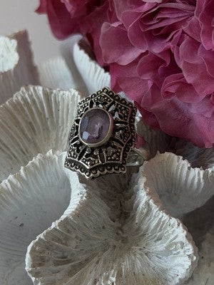 Vintage 925 Sterling Silver Amethyst & Marcasite Ring Size 8