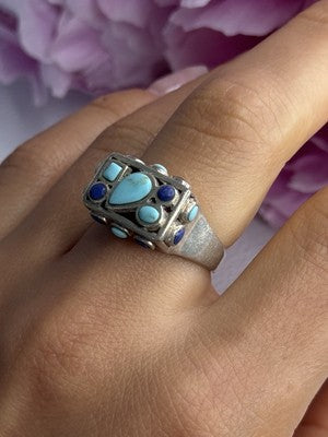 925 Sterling Silver Turquoise & Sodalite Ring Size 7.5