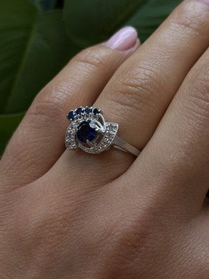 10K White Gold Blue & White Sapphire Cocktail Floral Ring Size 6.5