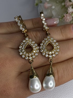 GOLD PLATED PEARL & CZ EARRINGS LENGTH 2.60 INCH