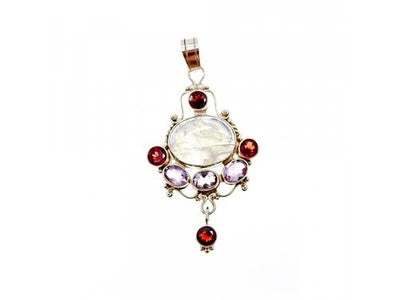 925 Sterling Silver Moonstone, Amethyst & Garnet Pendant