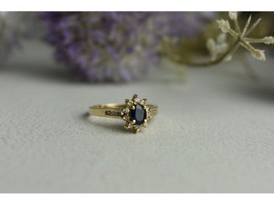 14K Yellow Gold Dark Blue Spinel & Diamonds Ring Size 5.5