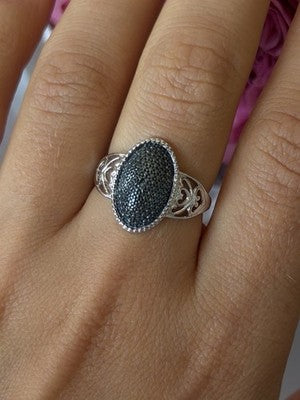 Vintage 925 Sterling Silver Black Diamond Ring Size 8