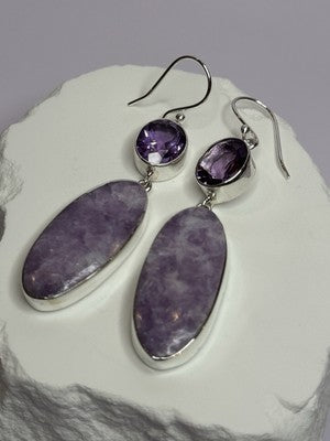 925 Sterling Silver Lepidolite & Amethyst Earrings Length 2.5 Inch