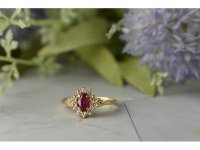 14K Yellow Gold Ruby & Diamonds Ring Size 8